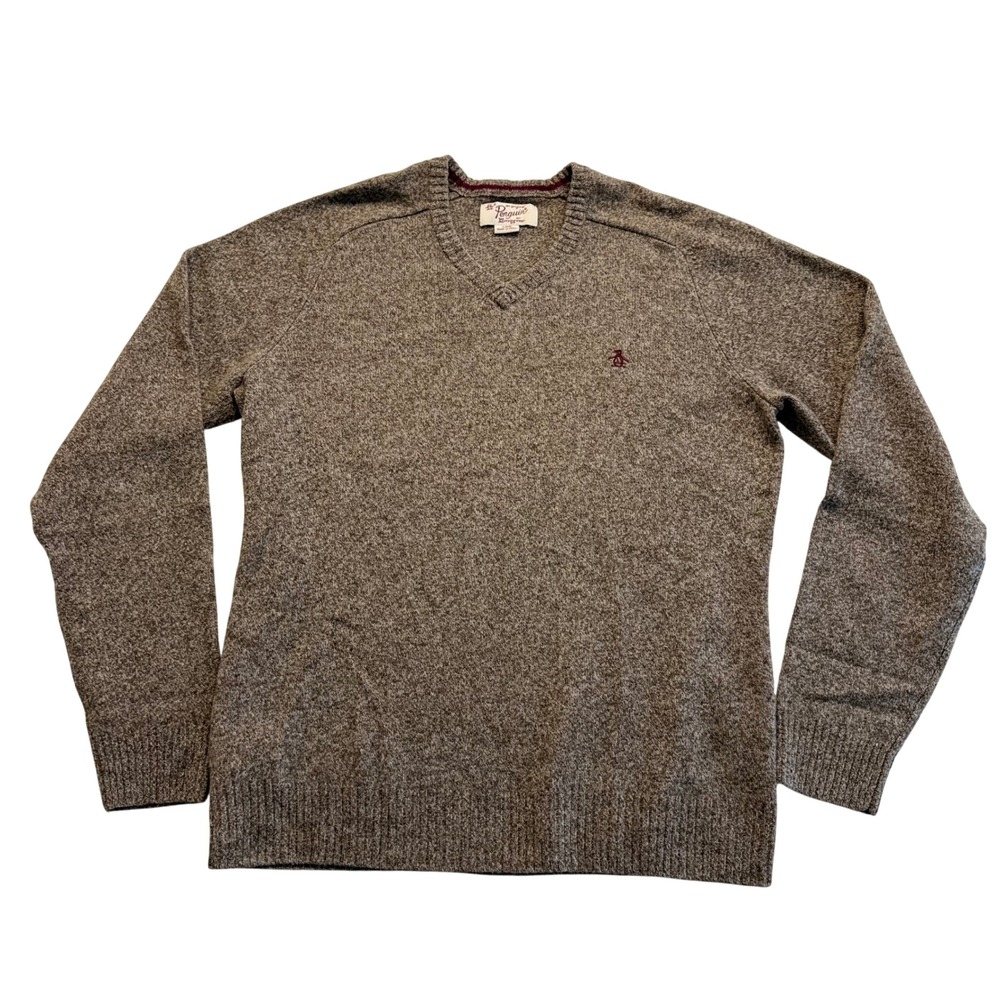 Original Penguin Sweater Mens Large Brown Excellent 100% Lambswool V-Neck Logo